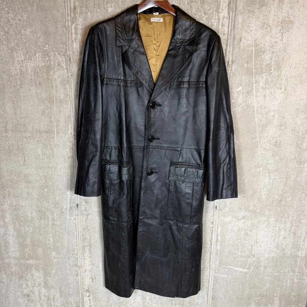 Don Carlos Black Leather Trench Coat Mens 38R Vintage Belted Long Jacket Peru